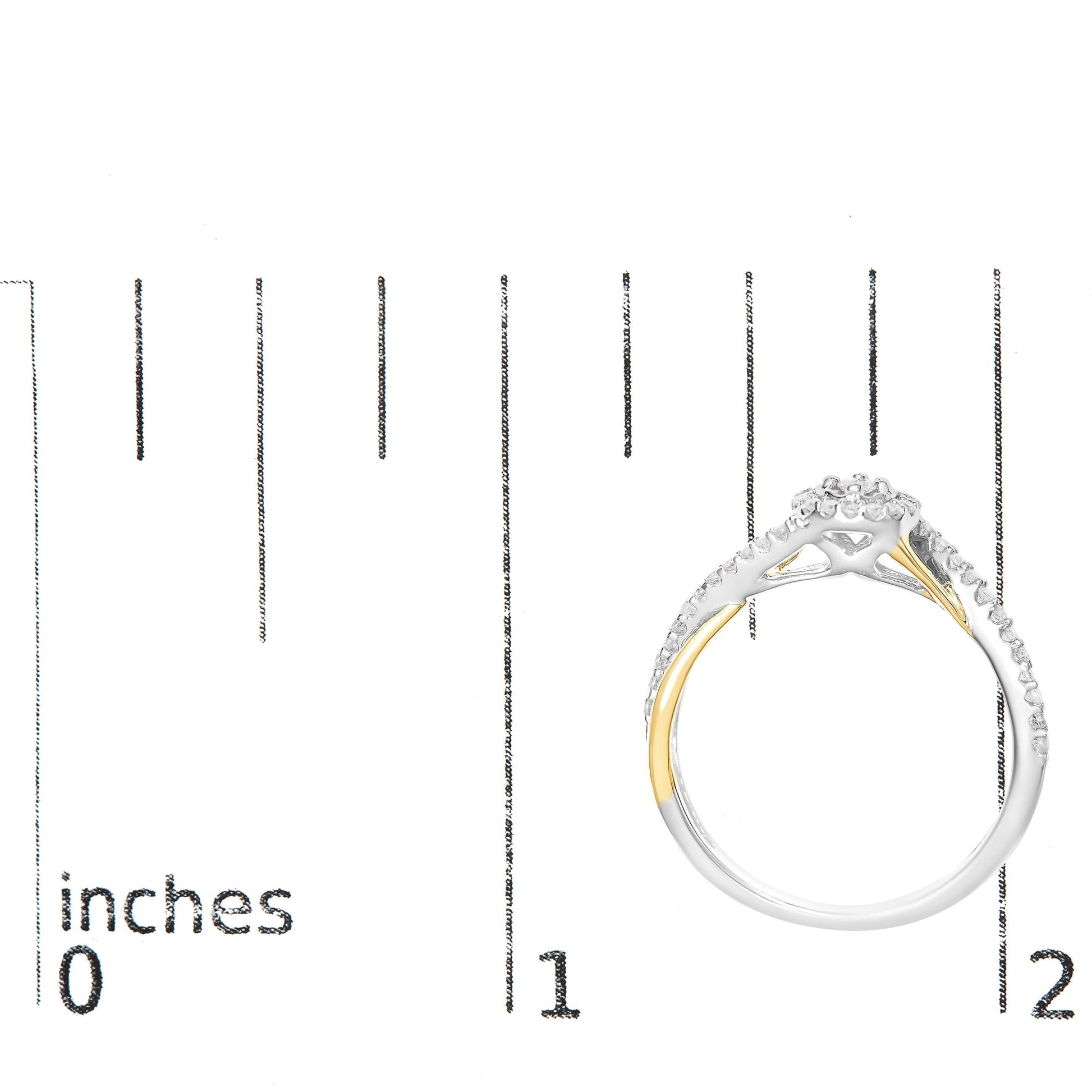 Top-down view of a two-tone ring with a cluster of round white gemstones at the center and additional gemstones along the band, placed on a ruler for size reference.