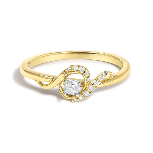 Yellow metal ring with a swirling design featuring one round white gemstone in prong setting at the center and multiple smaller round white gemstones embedded along the swirl, shown from a front angle on a white background.