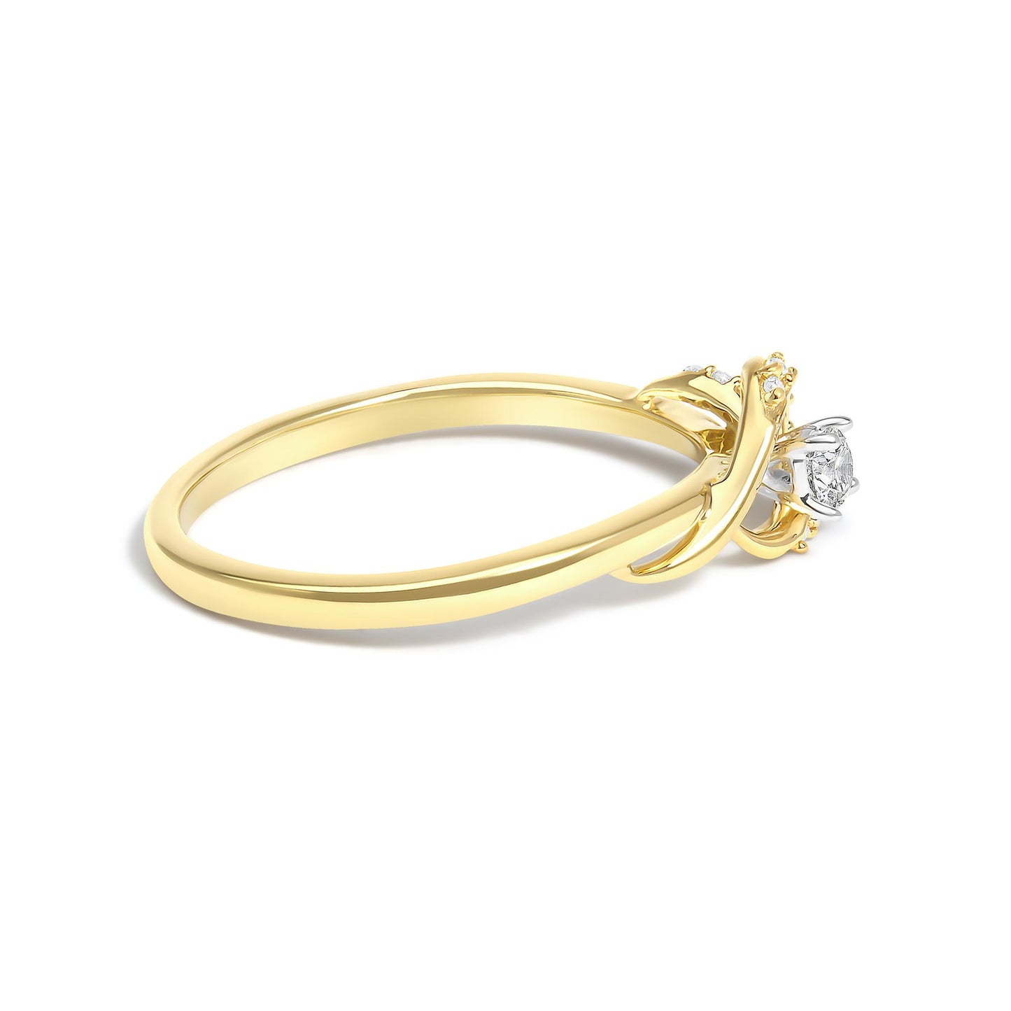 Side angle of a yellow ring with a round white gemstone in a prong setting.