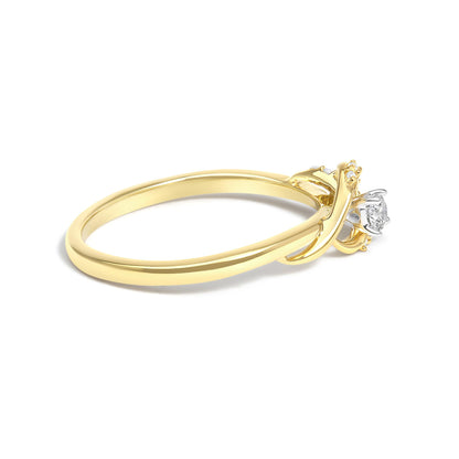 Side angle of a yellow ring with a round white gemstone in a prong setting.