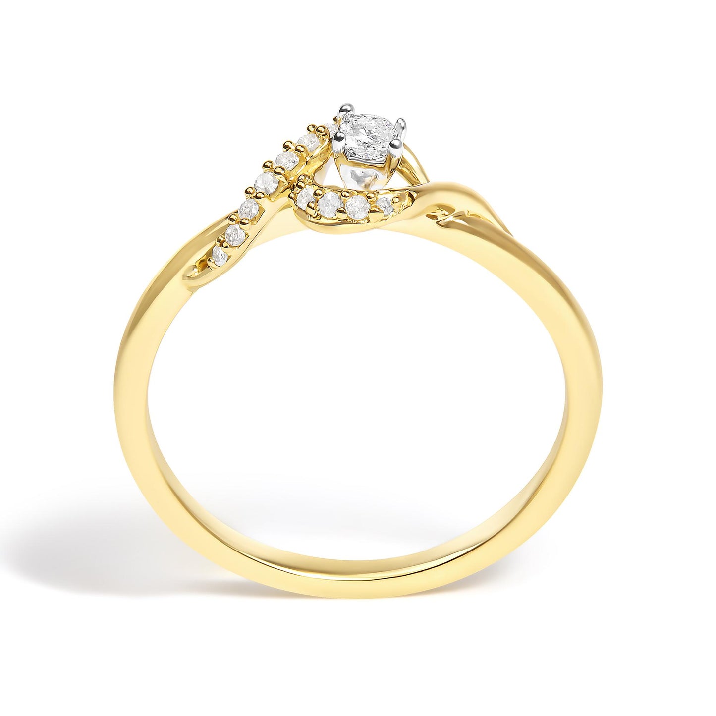Yellow metal ring with a twisted band design, featuring a round white gemstone in a prong setting at the center and multiple smaller round white gemstones along one side, shown from a front angle on a white background.