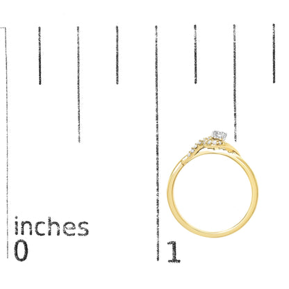 Yellow ring with a round white centerpiece gemstone and additional smaller round white gemstones along the band, shown on a scale from a side angle.