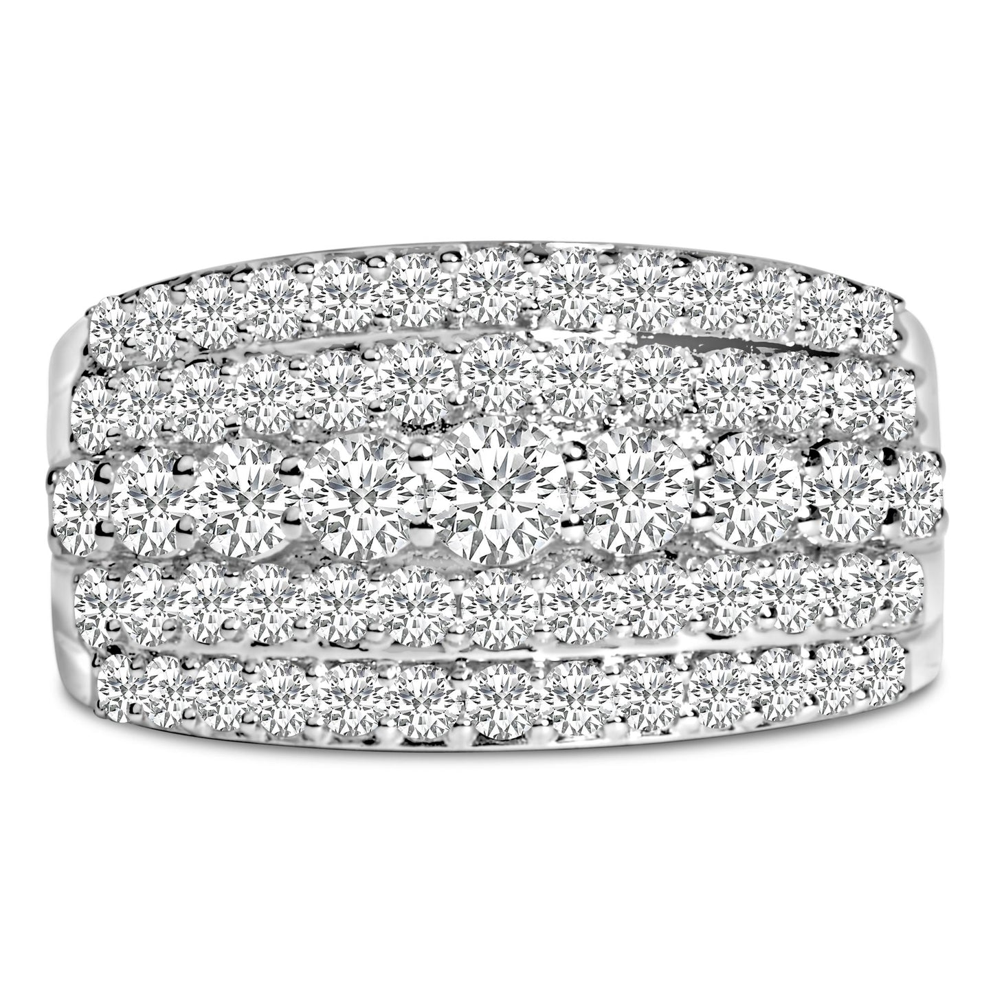 Close-up front angle of a white metal ring featuring multiple rows of round white gemstones in prong settings.