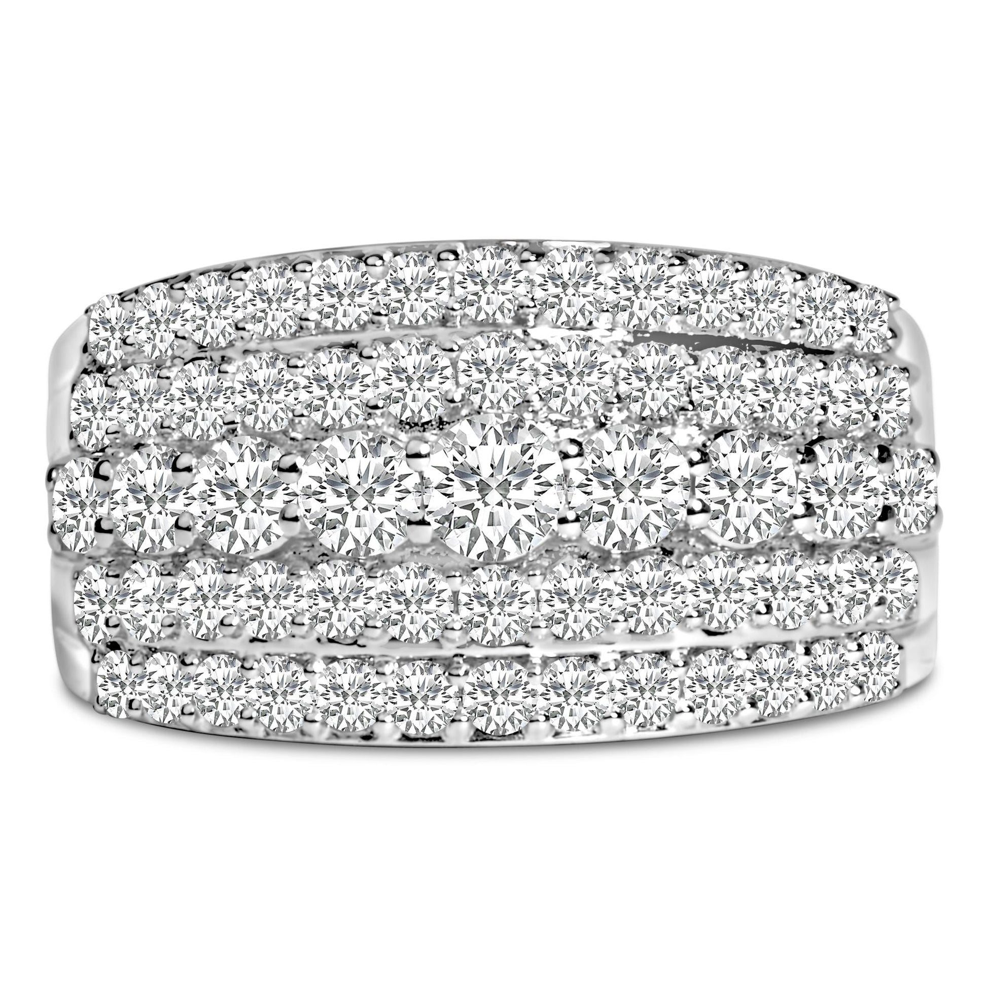 Close-up front angle of a white metal ring featuring multiple rows of round white gemstones in prong settings.