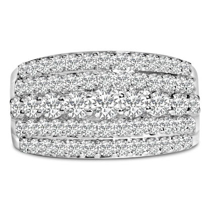 Close-up front angle of a white metal ring featuring multiple rows of round white gemstones in prong settings.