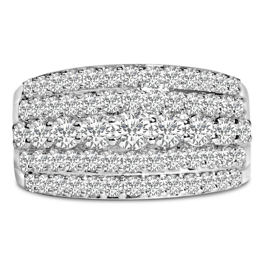 Close-up front angle of a white metal ring featuring multiple rows of round white gemstones in prong settings.