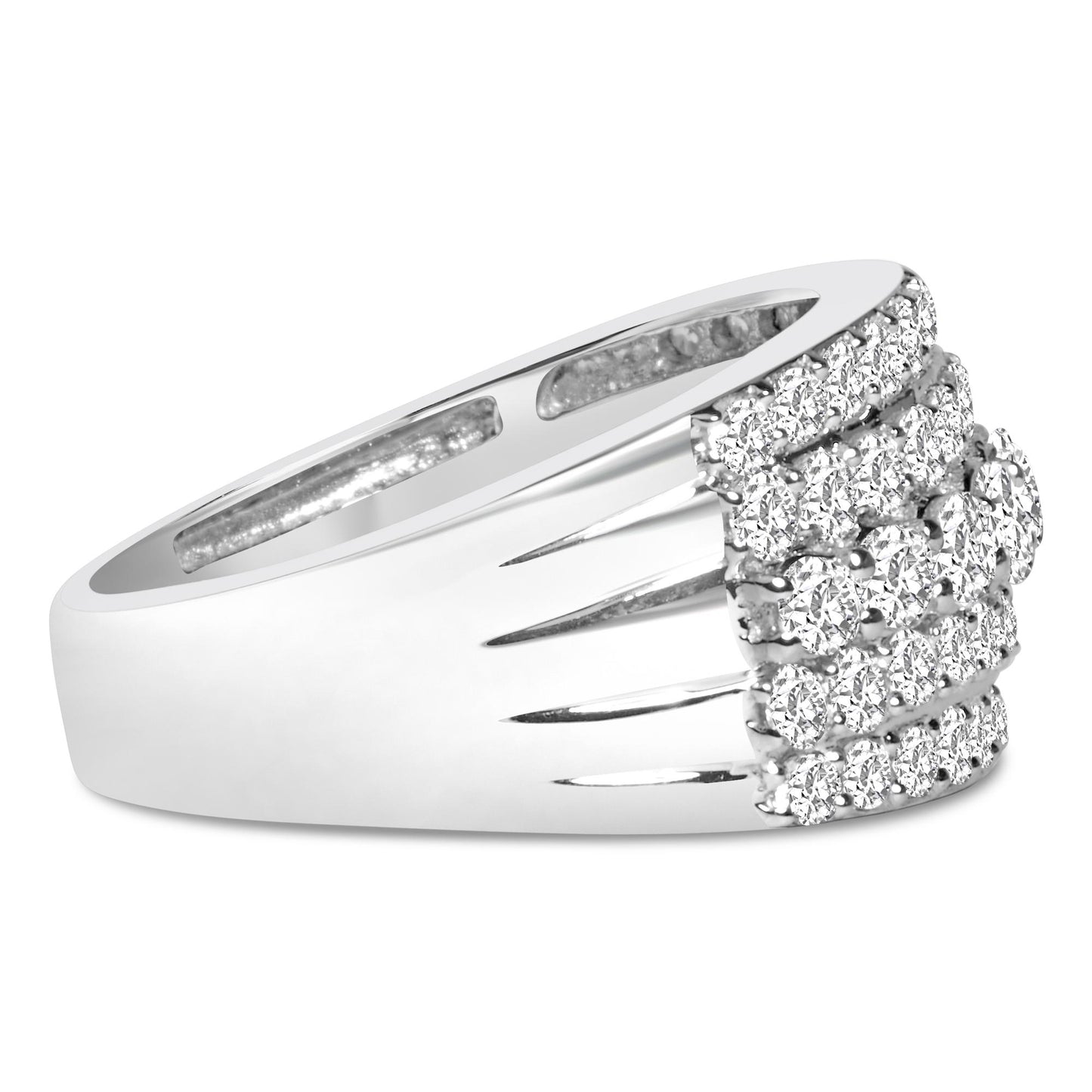Close-up side angle of a white metal ring featuring a rectangular cluster of round white gemstones in prong settings on the top.