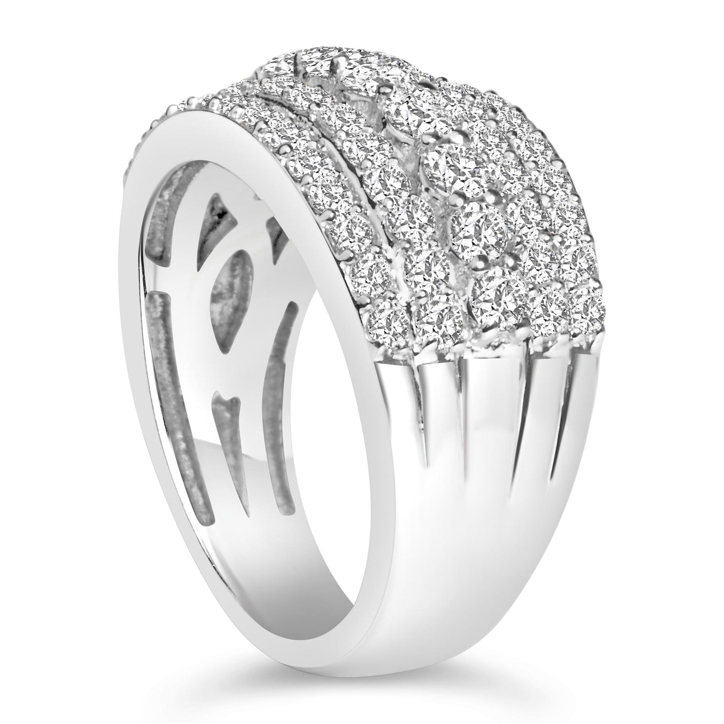 White metal ring with a wide band, set with multiple rows of small round white gemstones on the top, shown in a front-left angled close-up view.