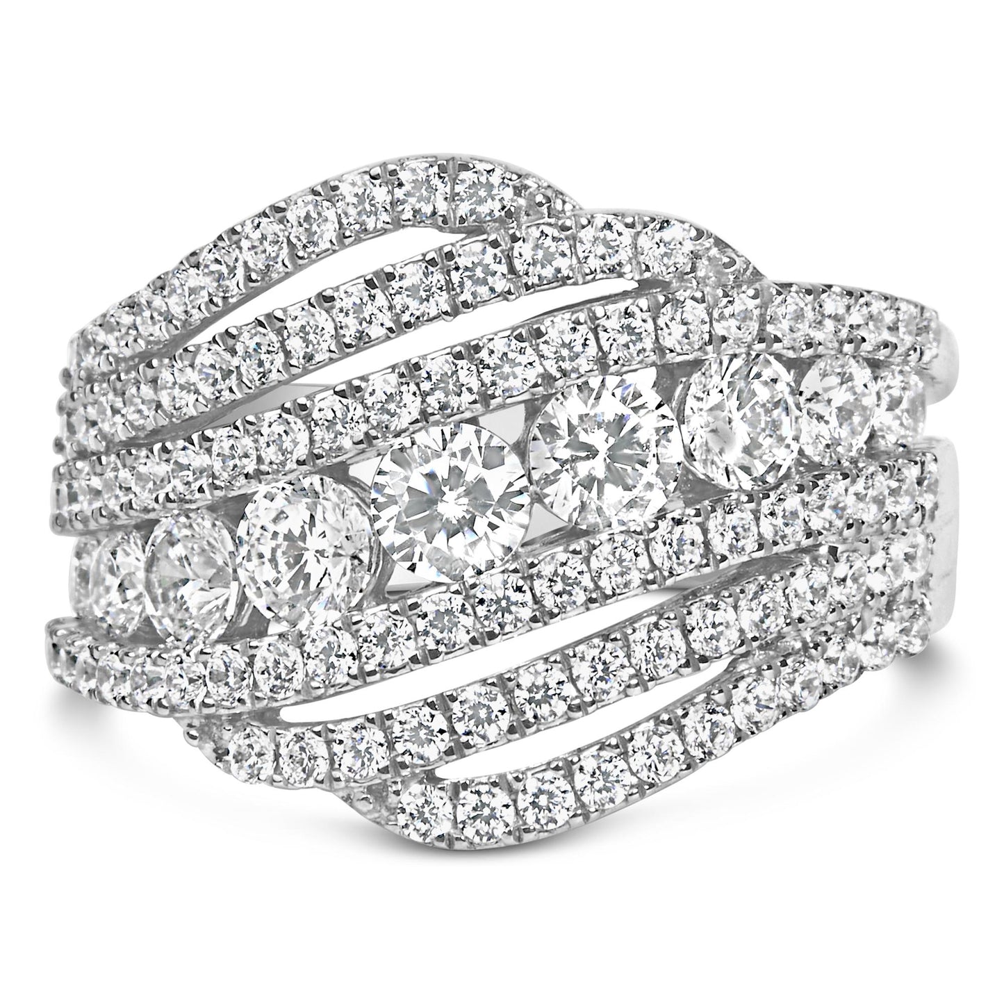 Close-up front angle of a white ring with multiple rows of round white gemstones in prong settings, featuring a crisscross design.