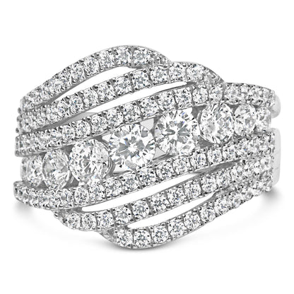 Close-up front angle of a white ring with multiple rows of round white gemstones in prong settings, featuring a crisscross design.