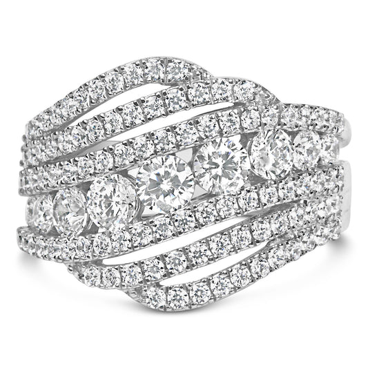 Close-up front angle of a white ring with multiple rows of round white gemstones in prong settings, featuring a crisscross design.