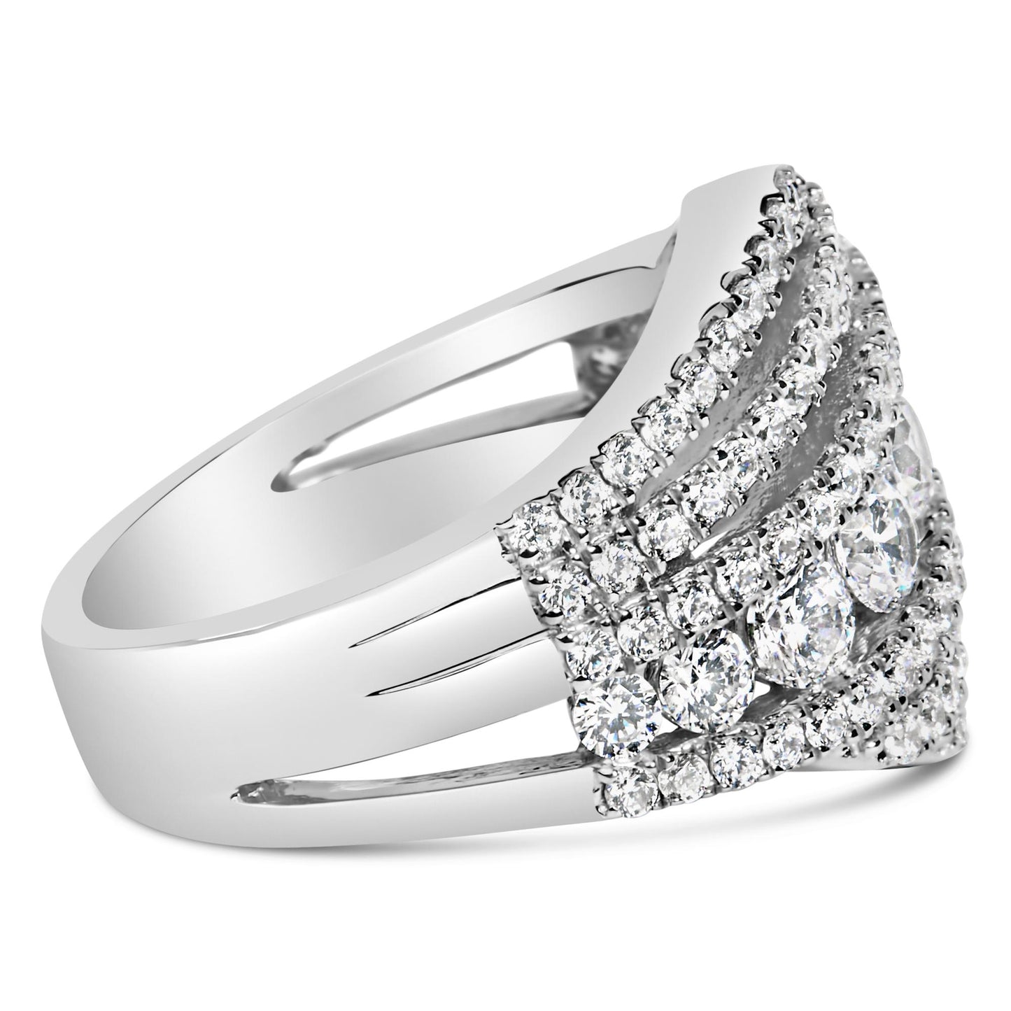 Close-up front angle of a white metal ring featuring a wide band split into sections, adorned with multiple round white gemstones in prong settings arranged in rows on the top.