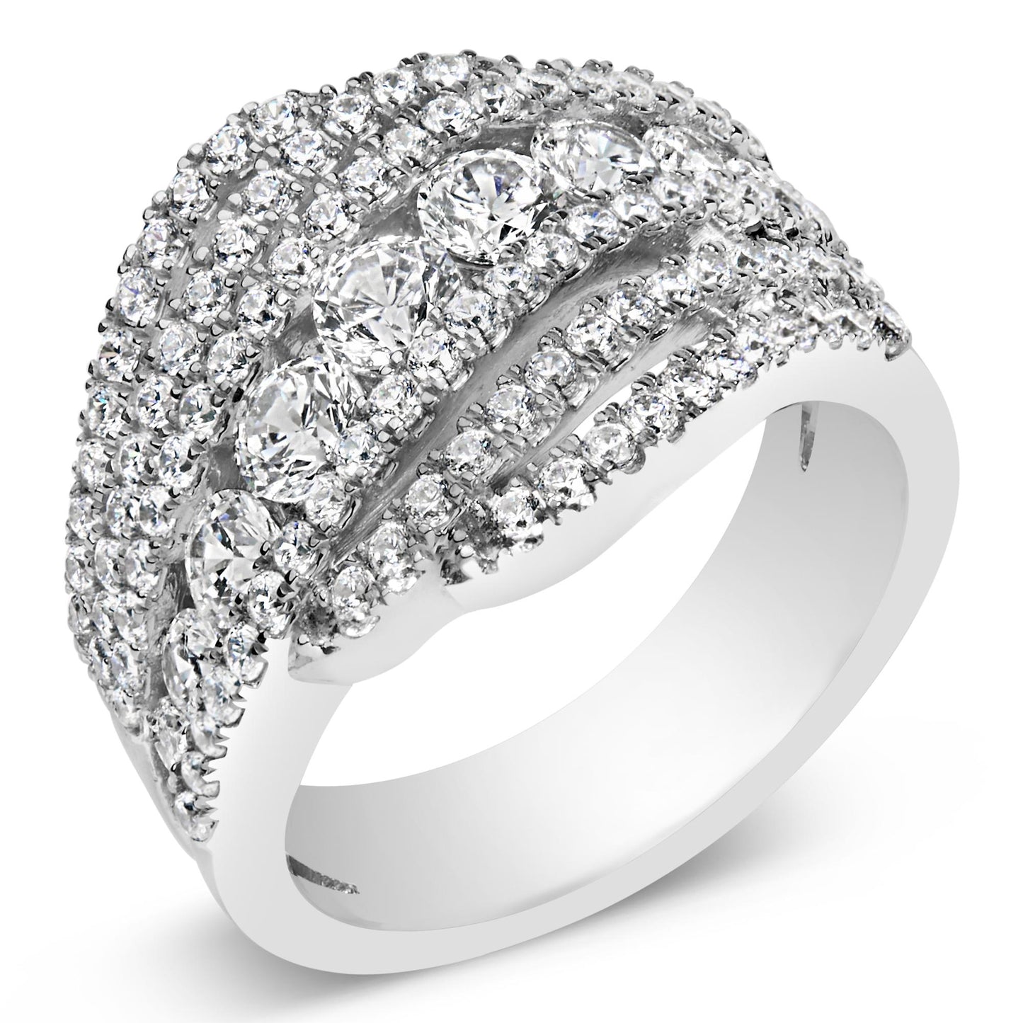 Close-up angled view of a white ring featuring multiple rows of round white gemstones in prong settings, including larger gemstones centrally placed and smaller ones surrounding them.