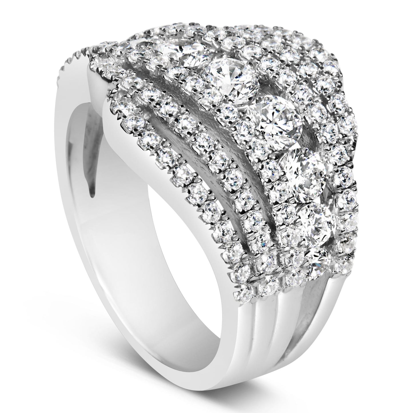 Close-up front angle view of a white metal ring featuring multiple rows of round white gemstones in prong settings.