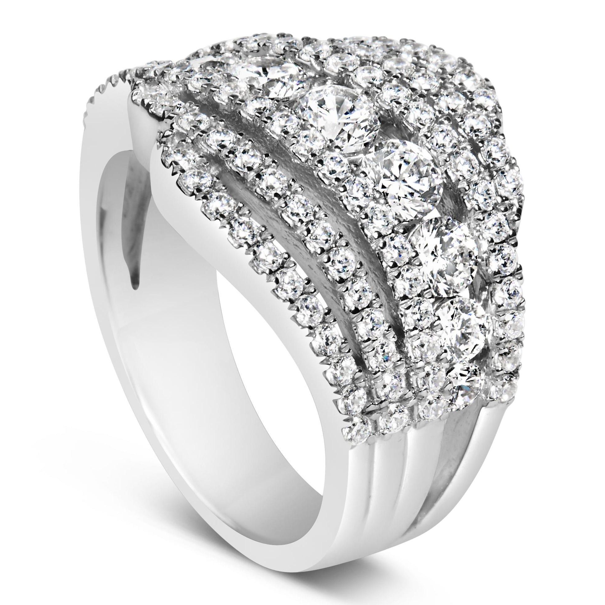 Close-up front angle view of a white metal ring featuring multiple rows of round white gemstones in prong settings.