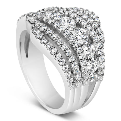 Close-up front angle view of a white metal ring featuring multiple rows of round white gemstones in prong settings.