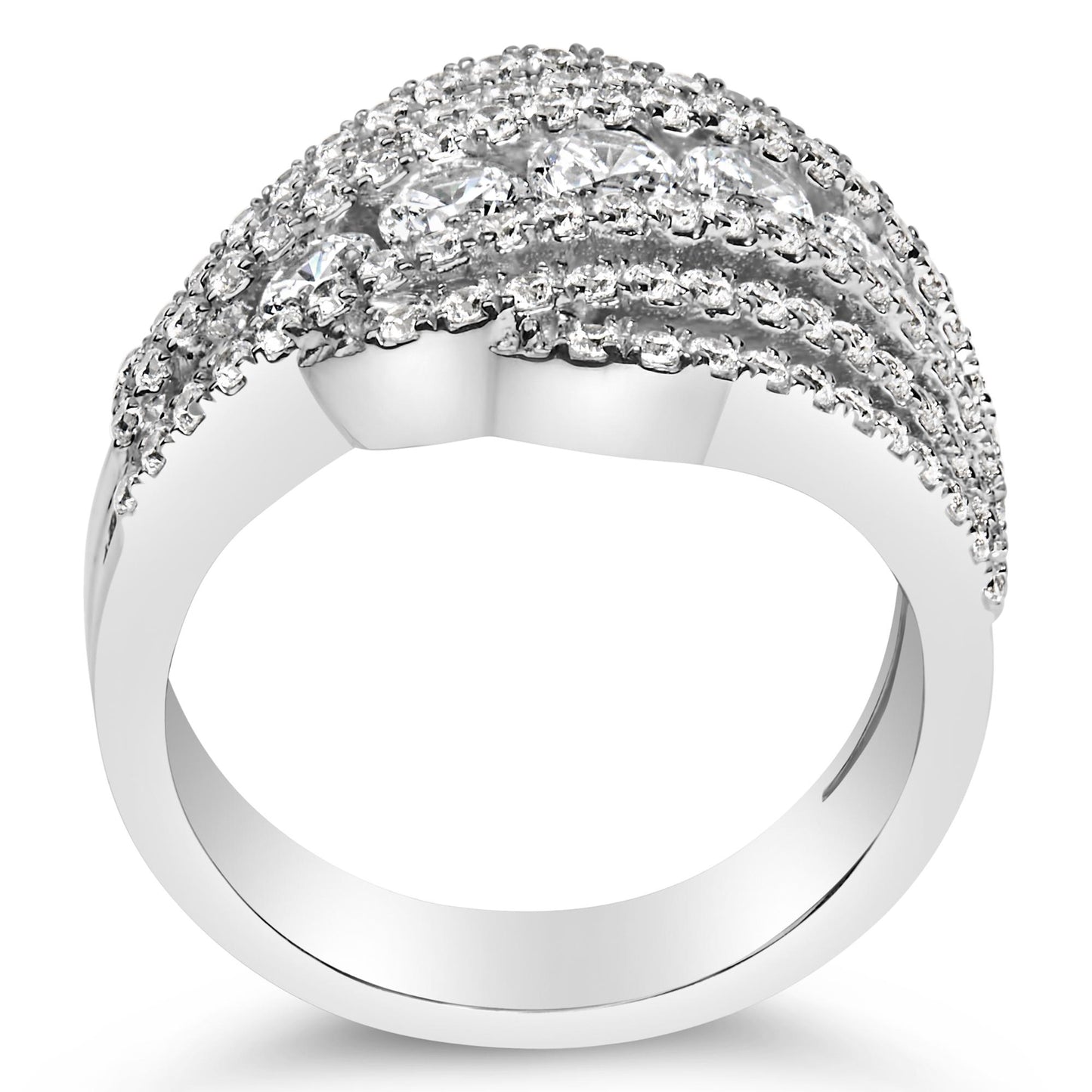 Close-up front angle of a white metal ring featuring multiple rows of prong-set round white gemstones across the top.