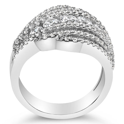 Close-up front angle of a white metal ring featuring multiple rows of prong-set round white gemstones across the top.