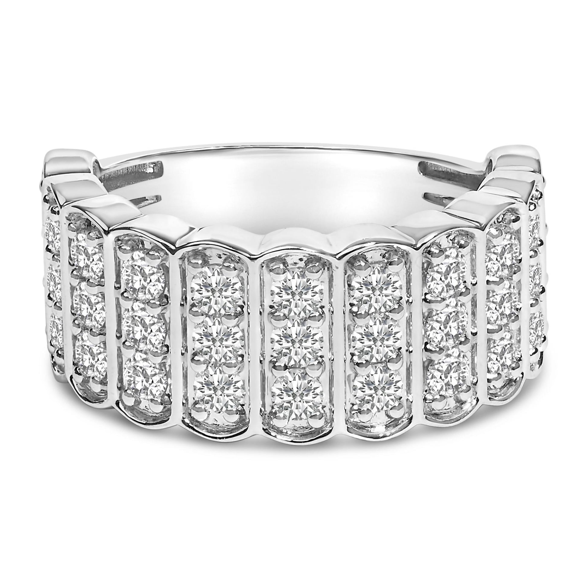 Close-up front angle of a white metal ring featuring multiple rows of round white gemstones in prong settings.