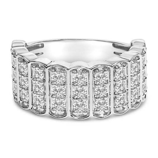 Close-up front angle of a white metal ring featuring multiple rows of round white gemstones in prong settings.