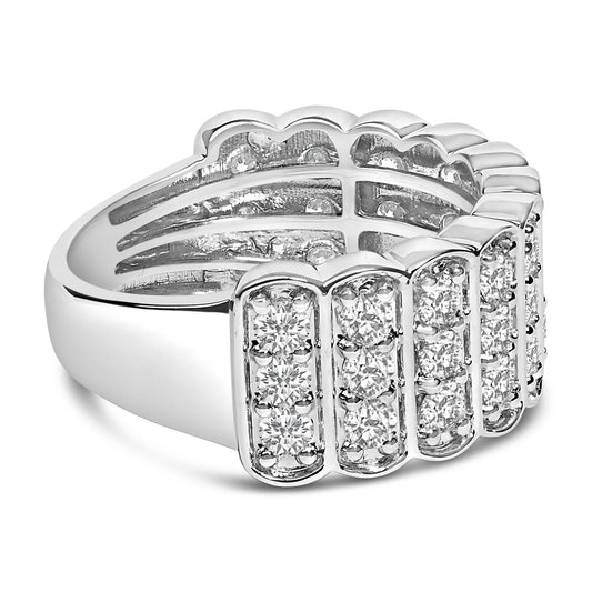 Close-up angled view of a white metal ring featuring multiple rows of round white gemstones set in prong settings.