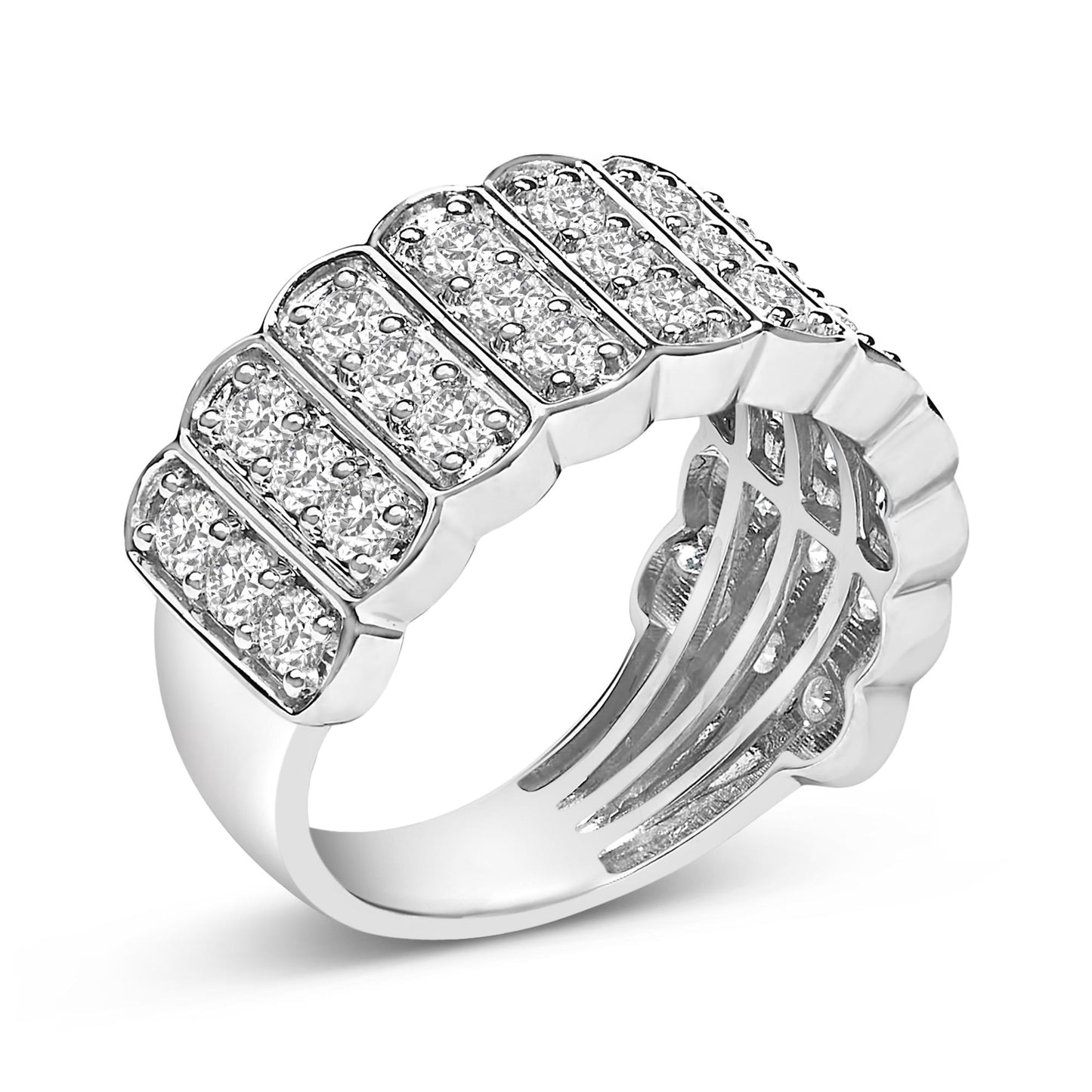 White metal ring with a wide band featuring rows of round white gemstones in prong settings, shown angled from the side on a white background.