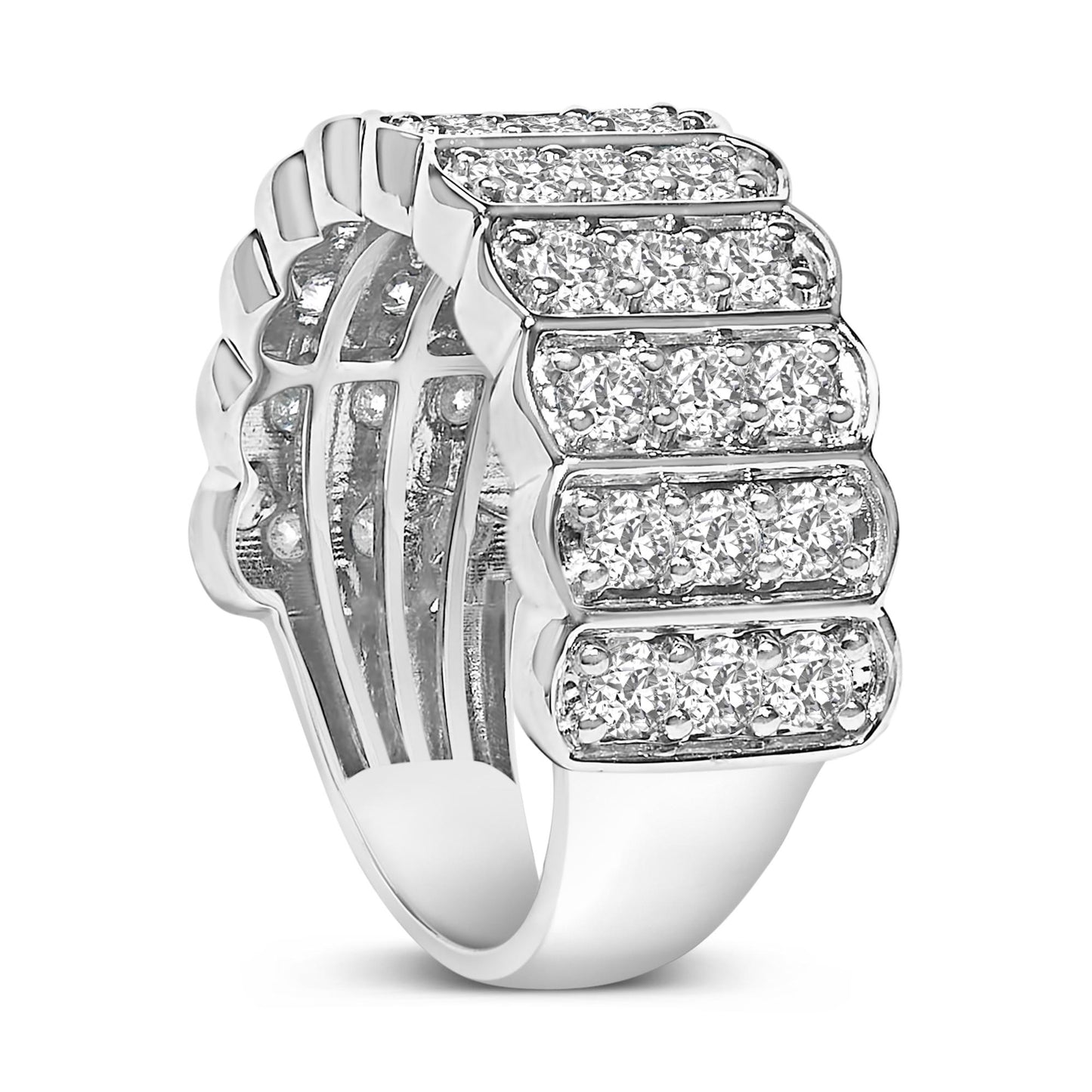 Close-up front angle of a white metal ring featuring multiple rows of round white gemstones in prong settings across the top band.