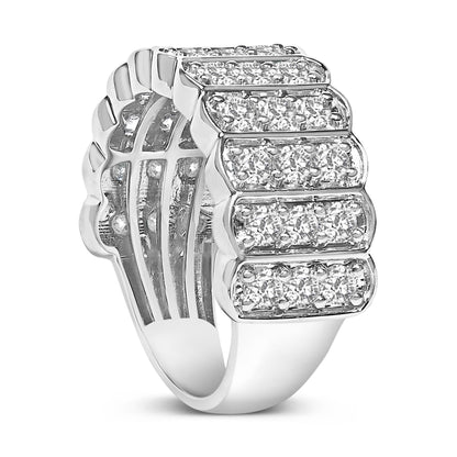 Close-up front angle of a white metal ring featuring multiple rows of round white gemstones in prong settings across the top band.