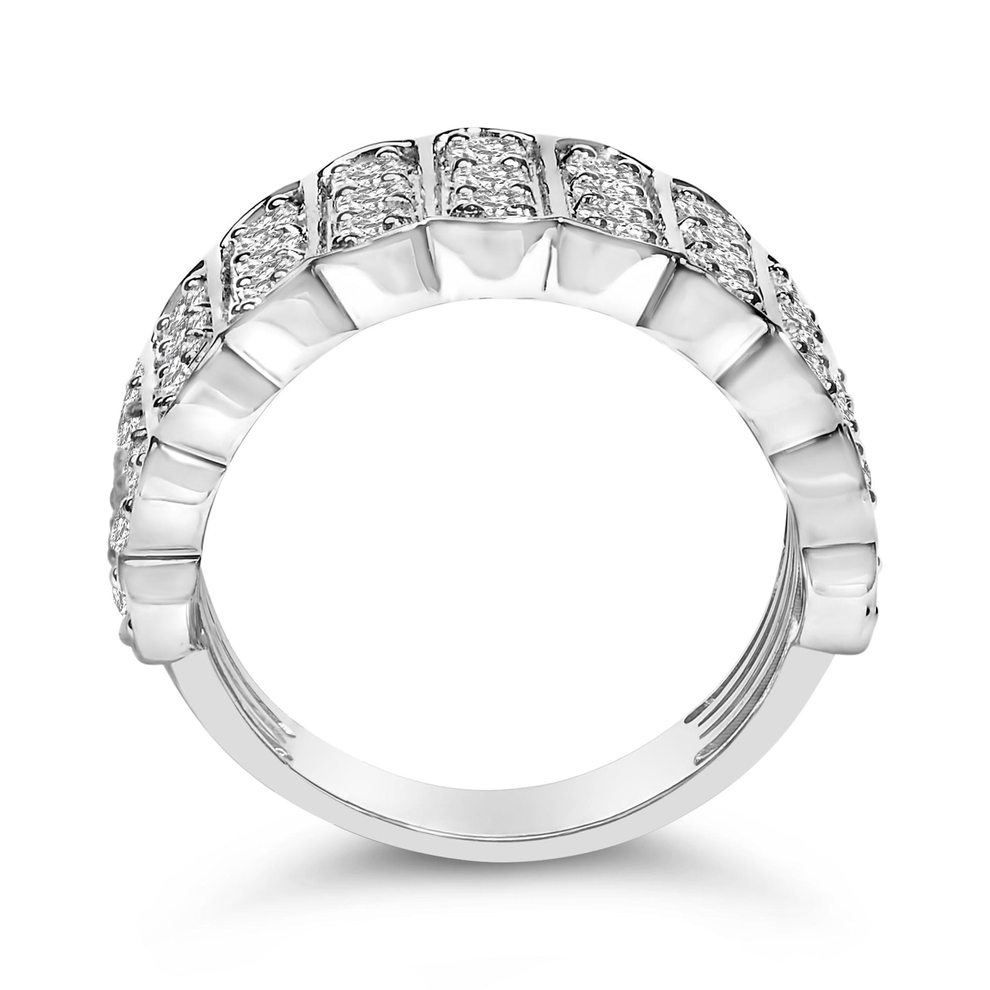 Close-up front angle of a white metal ring with rows of round white gemstones in prong settings across the top.