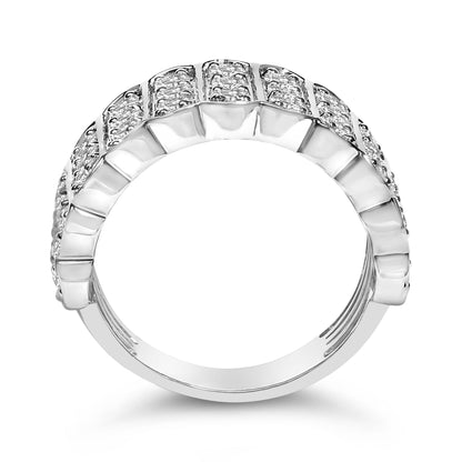 Close-up front angle of a white metal ring with rows of round white gemstones in prong settings across the top.