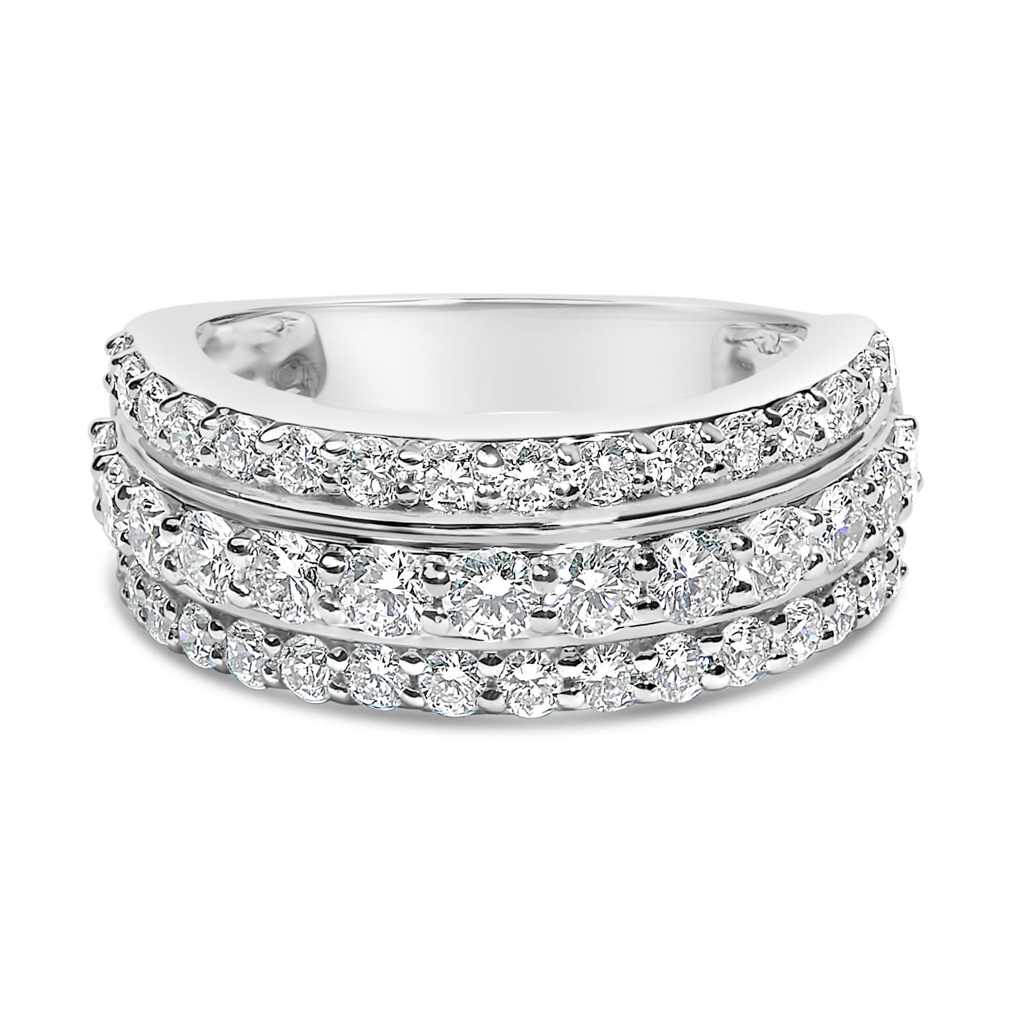 Close-up front angle view of a white metal ring featuring three rows of round white gemstones in prong settings.