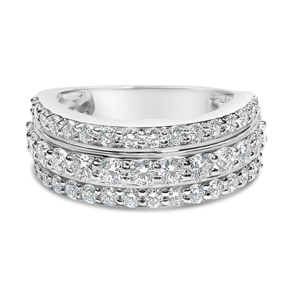Close-up front angle view of a white metal ring featuring three rows of round white gemstones in prong settings.