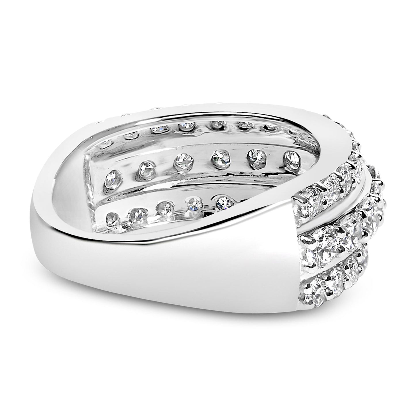Close-up angled view of a white metal ring featuring two rows of round white gemstones in prong settings on the outer surface and additional round white gemstones visible inside the band.