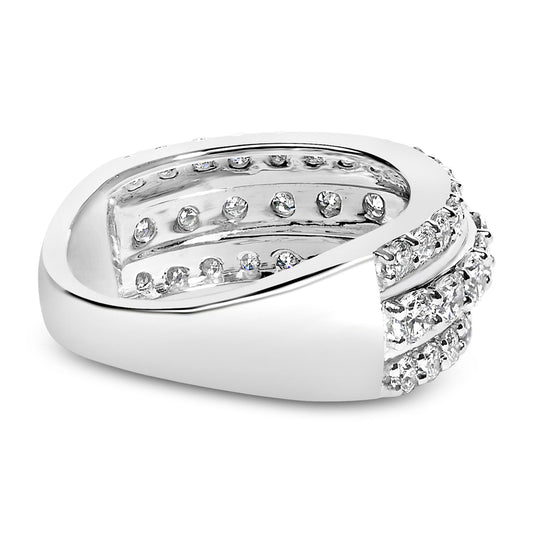 Close-up angled view of a white metal ring featuring two rows of round white gemstones in prong settings on the outer surface and additional round white gemstones visible inside the band.