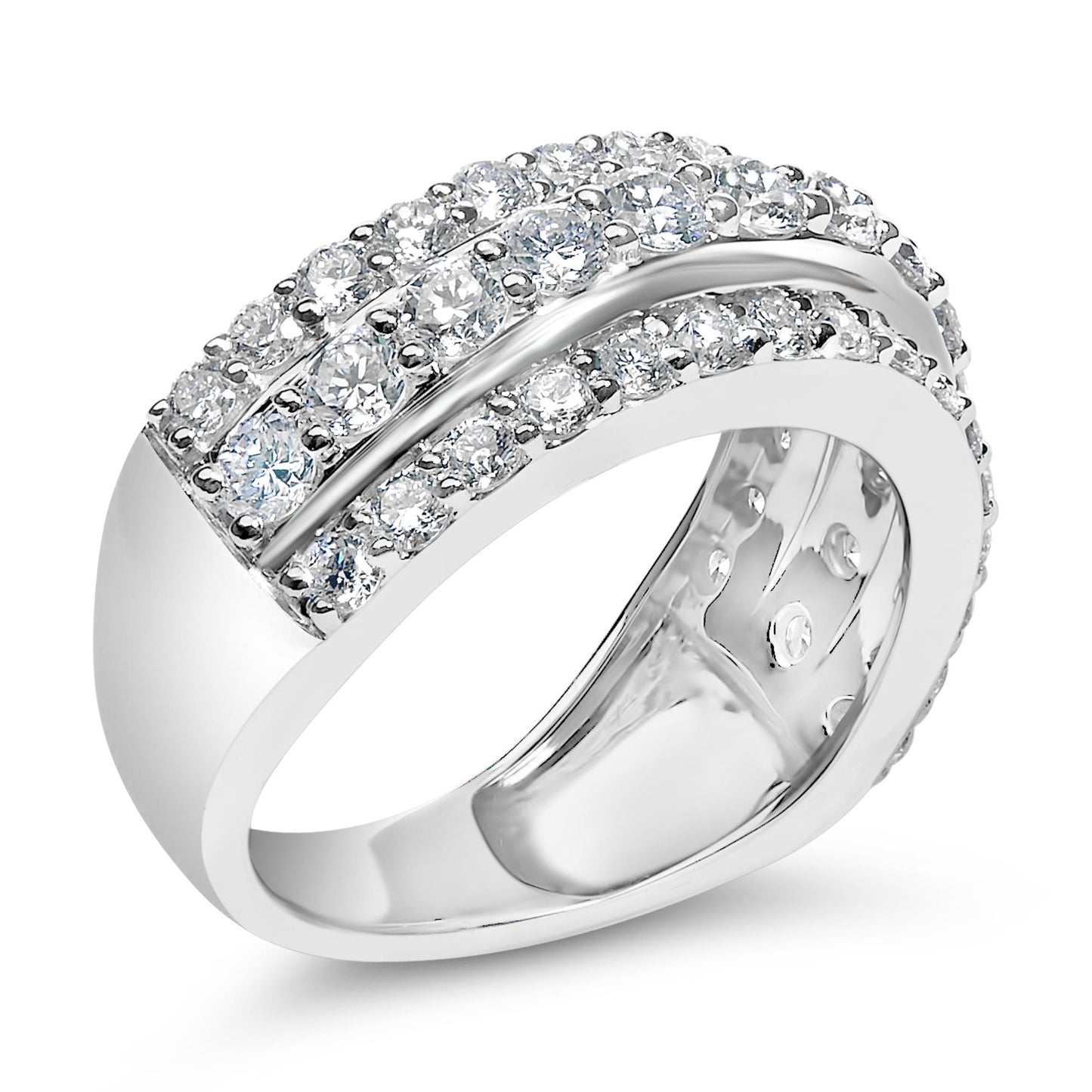 Close-up angled view of a white metal ring featuring two rows of round white gemstones set with prongs along the top and outer edges.