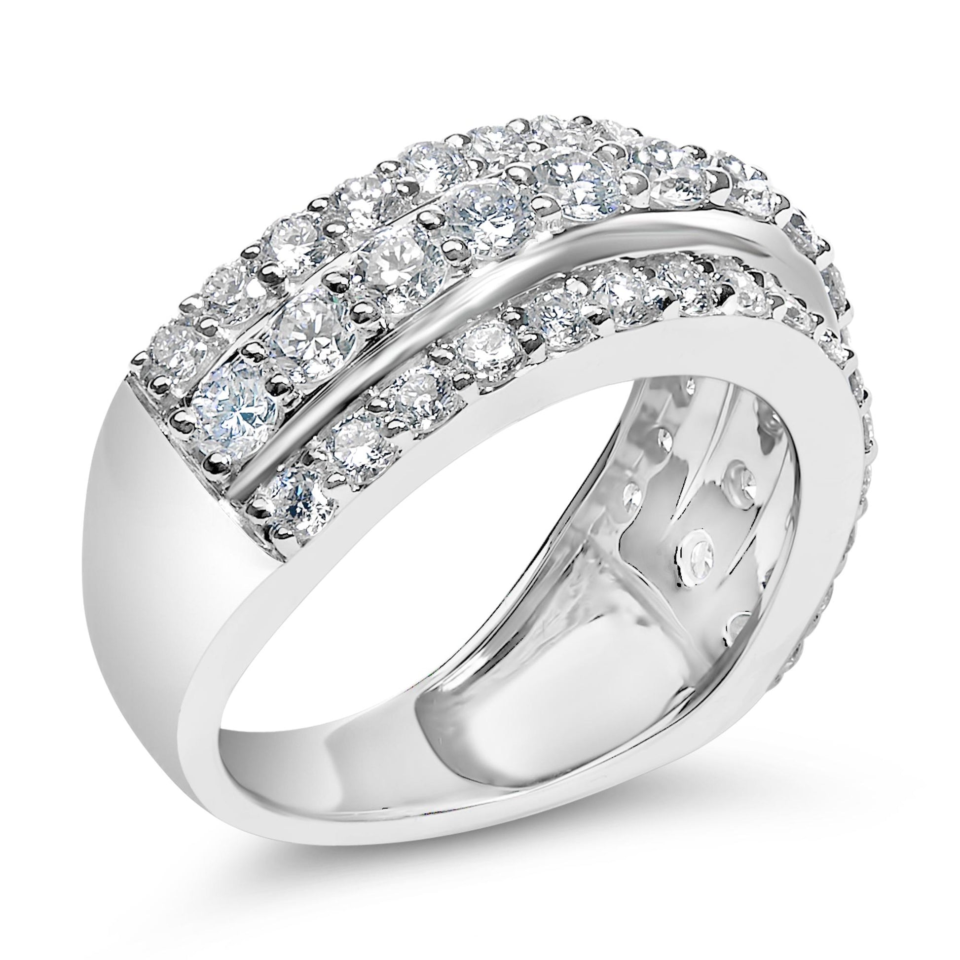 Close-up angled view of a white metal ring featuring two rows of round white gemstones set with prongs along the top and outer edges.