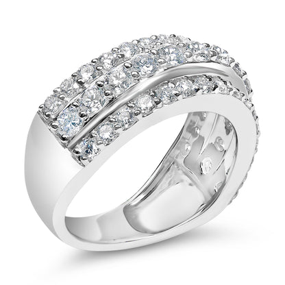 Close-up angled view of a white metal ring featuring two rows of round white gemstones set with prongs along the top and outer edges.