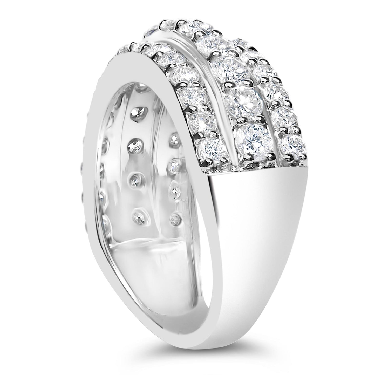 Close-up angled view of a white ring featuring multiple rows of round white gemstones in prong settings on the top half.
