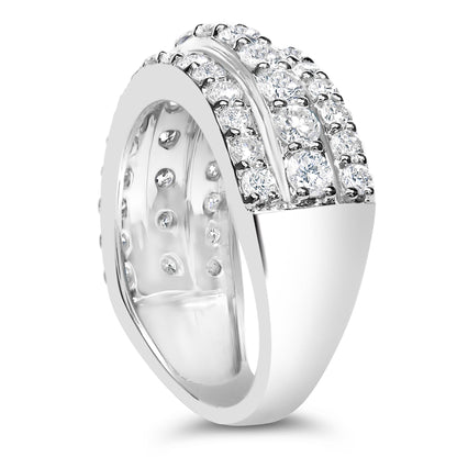 Close-up angled view of a white ring featuring multiple rows of round white gemstones in prong settings on the top half.