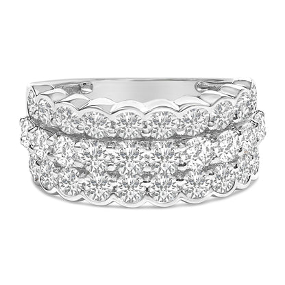 Close-up front view of a white metal ring with two rows of round white gemstones set in prong settings.