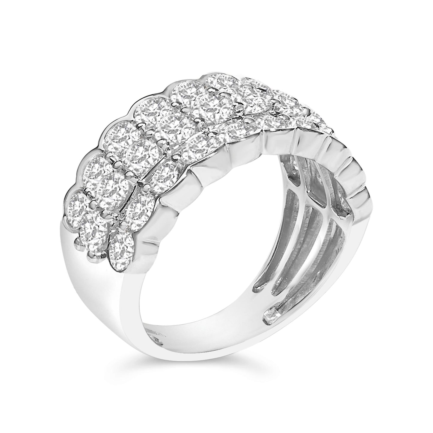 Close-up angled view of a white metal ring featuring two rows of round white gemstones in prong settings across the top.