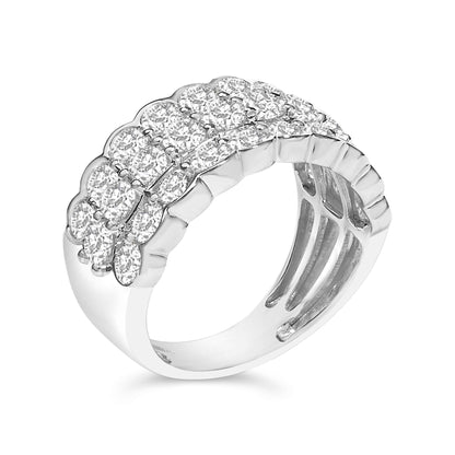 Close-up angled view of a white metal ring featuring two rows of round white gemstones in prong settings across the top.