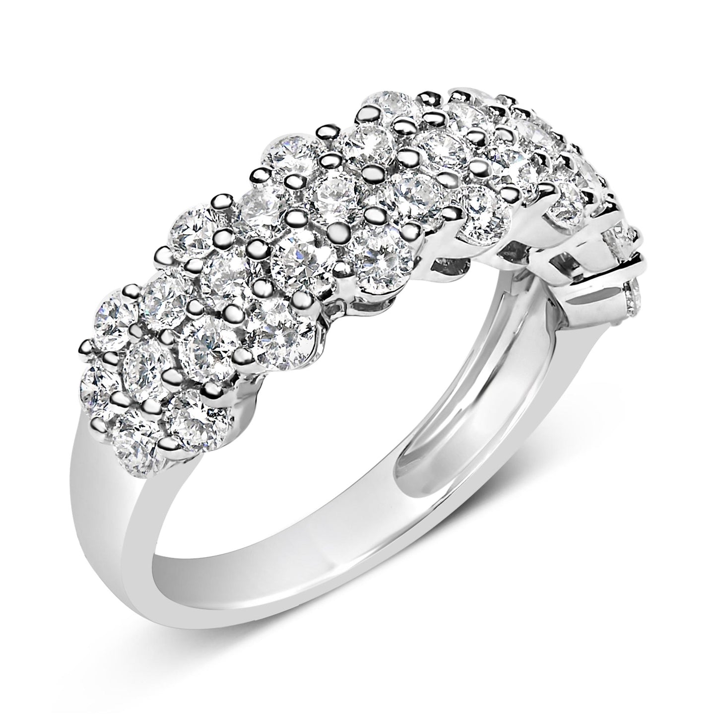 Close-up angled view of a white metal ring featuring multiple round white gemstones in prong settings arranged in a cluster pattern on the top half of the band.