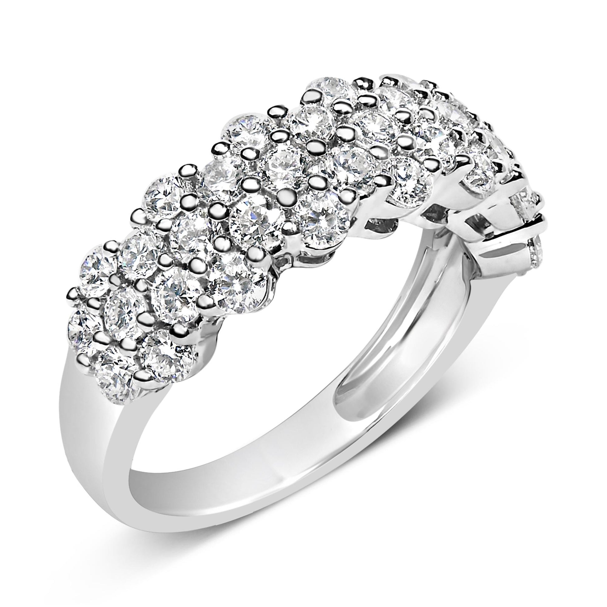 Close-up angled view of a white metal ring featuring multiple round white gemstones in prong settings arranged in a cluster pattern on the top half of the band.