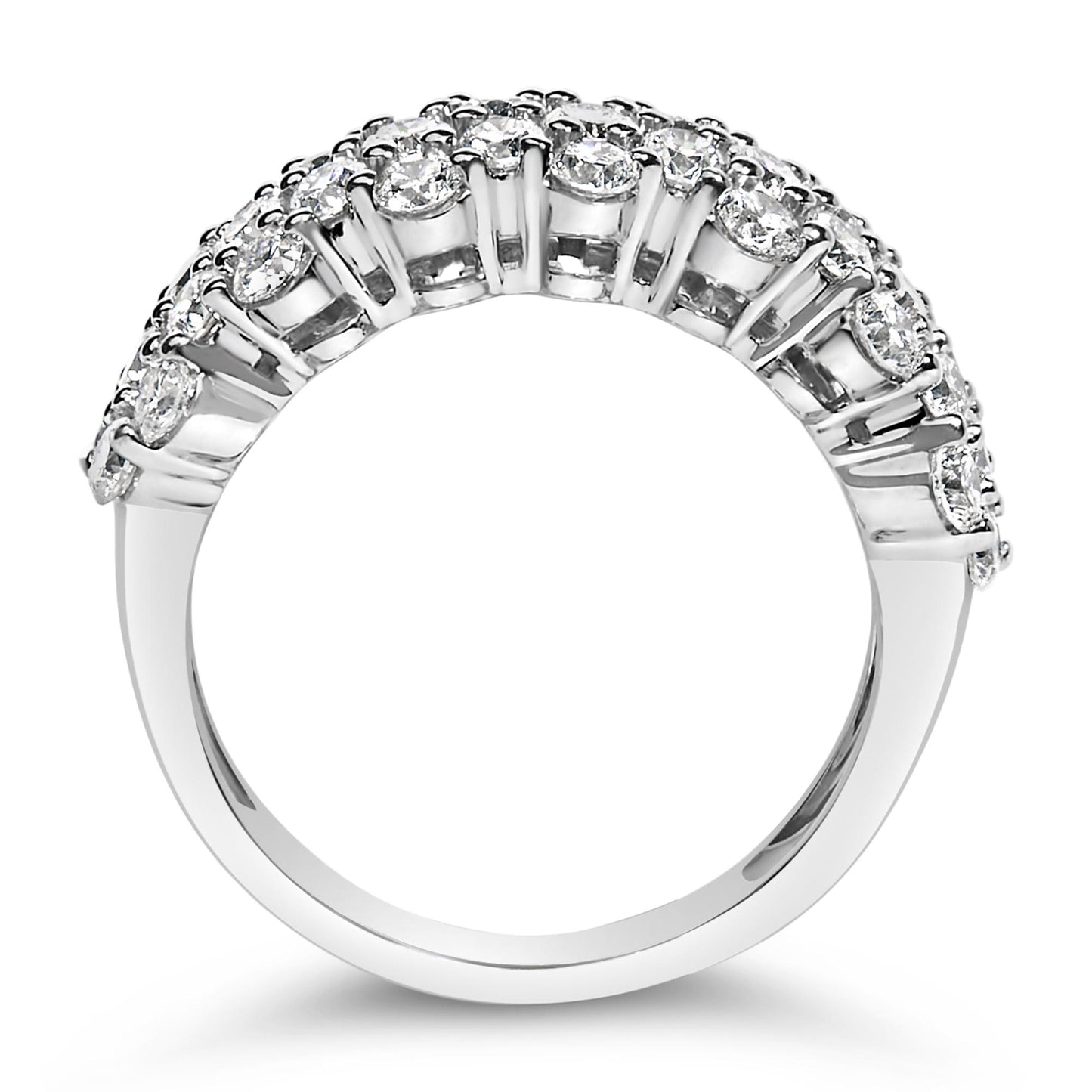 Close-up side view of a white metal ring featuring two rows of round white gemstones in prong settings along the upper band.