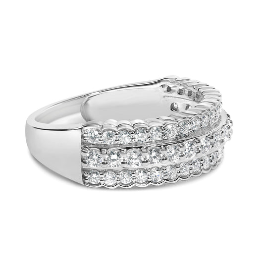 Close-up front angle of a white metal ring featuring three rows of round white gemstones in prong settings.