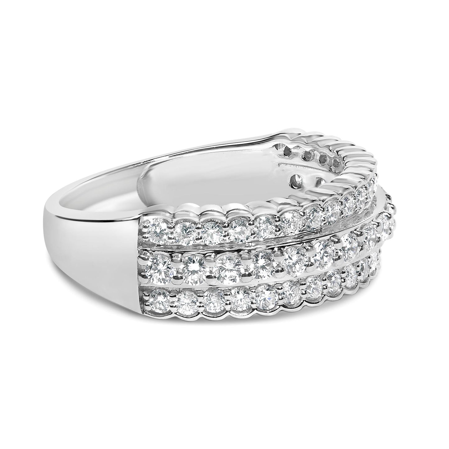 Close-up front angle of a white metal ring featuring three rows of round white gemstones in prong settings.