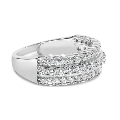 Close-up front angle of a white metal ring featuring three rows of round white gemstones in prong settings.