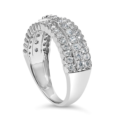 Close-up front angle of a white metal ring featuring two rows of round white gemstones in prong settings across the top band.