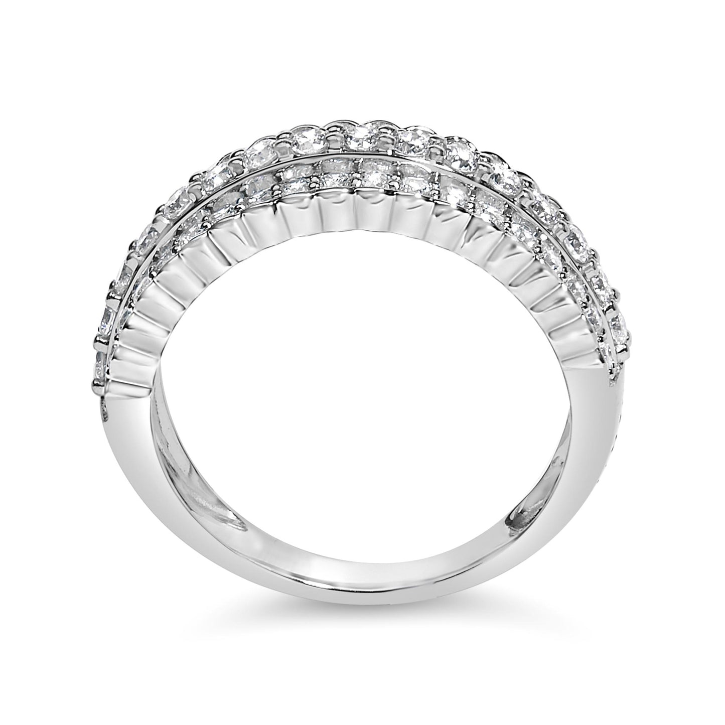 Close-up front angle of a white metal ring featuring two rows of round white gemstones in prong settings along the top. The ring is shown on a white background.